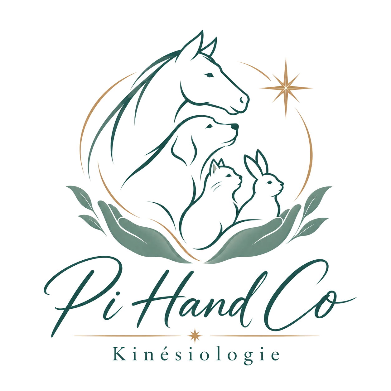 Logo Pi Hand Co : un cheval, un chien, un chat et un lapin dans des mains bienveillantes